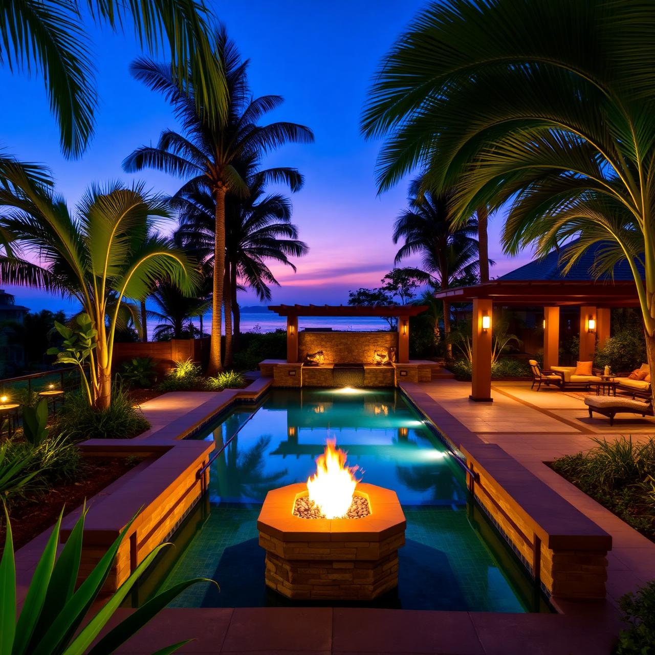 Resort-style backyard with infinity pool, fire pit, and outdoor kitchen at twilight
